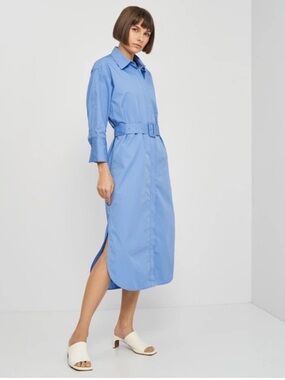 Zara Blue Cotton Belted Midi Shirt Dress Button Front Collared Long Sleeve XS